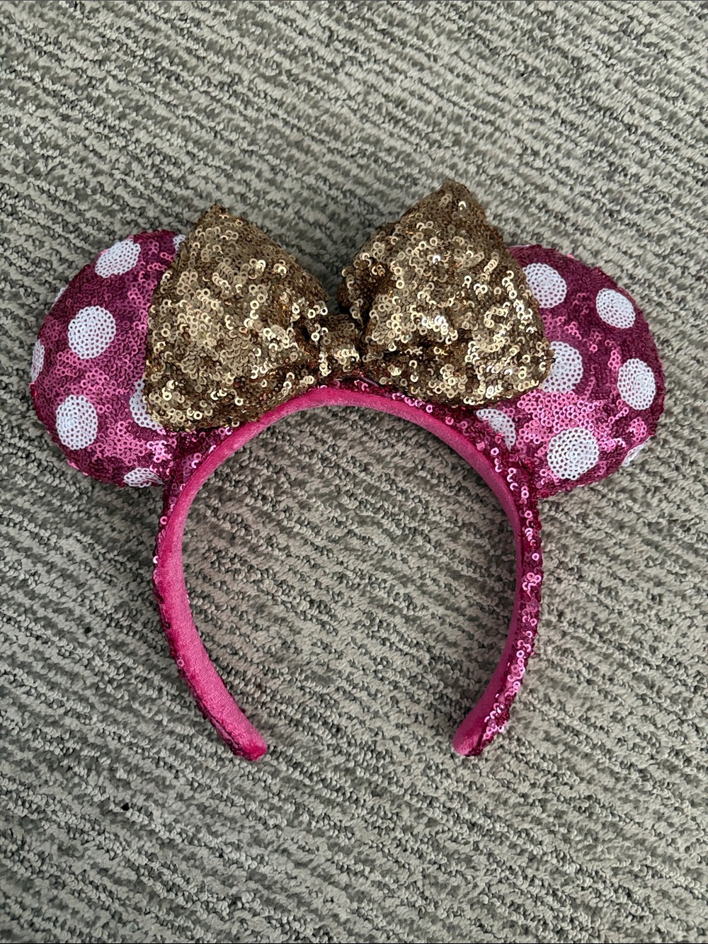 Pink Sequin Minnie Ear Headband with Gold Bow